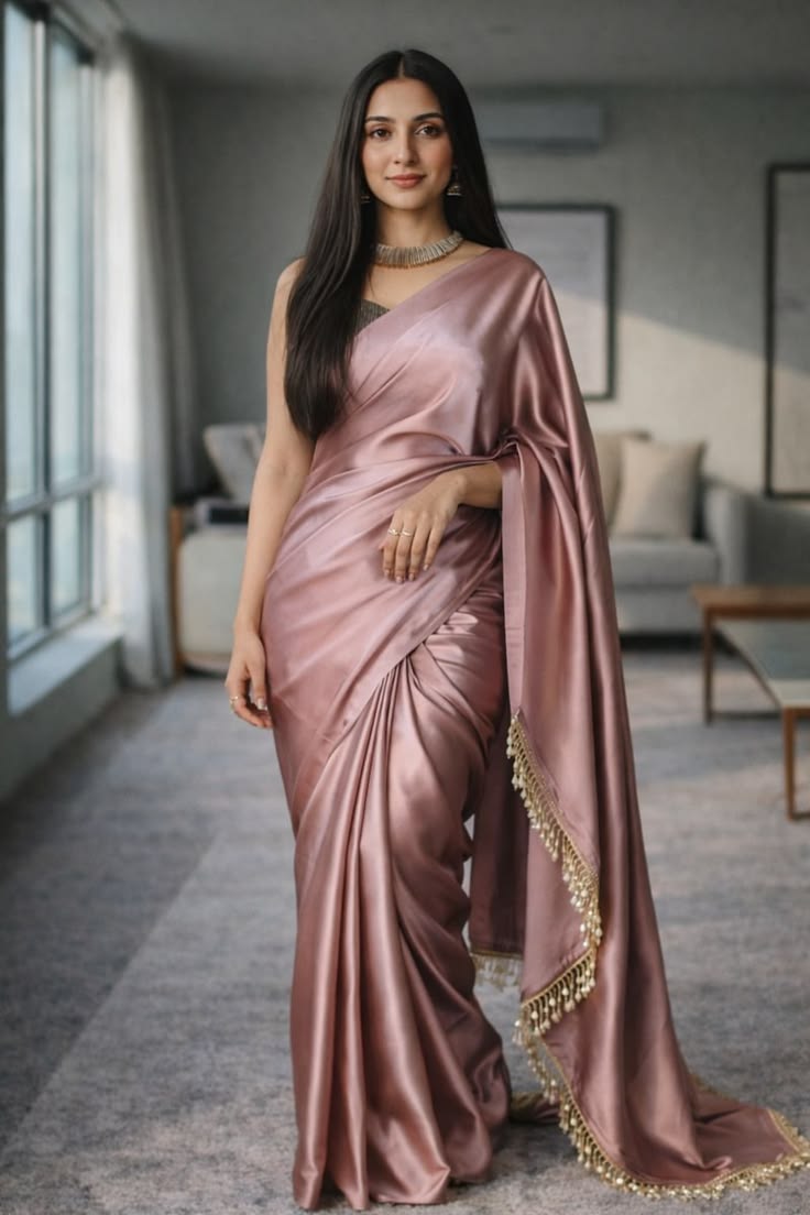 Rose Gold Satin Ready-to-Wear Saree
